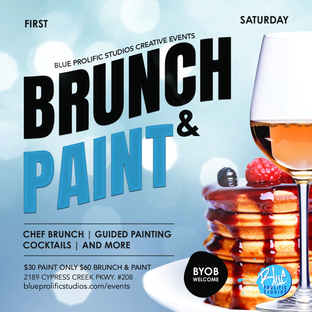 Promotional graphic for a 'Brunch & Paint' event featuring pancakes topped with fruit and a glass of wine. Event details include pricing for painting and brunch, location, and invitation to BYOB.